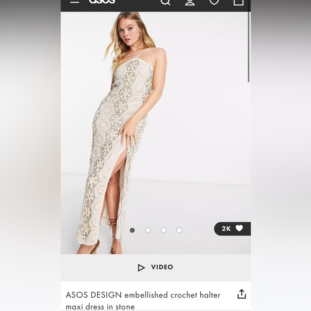 ASOS DESIGN EMBELLISHED CROCHET HALFER DRESS IN STONE- size 6
